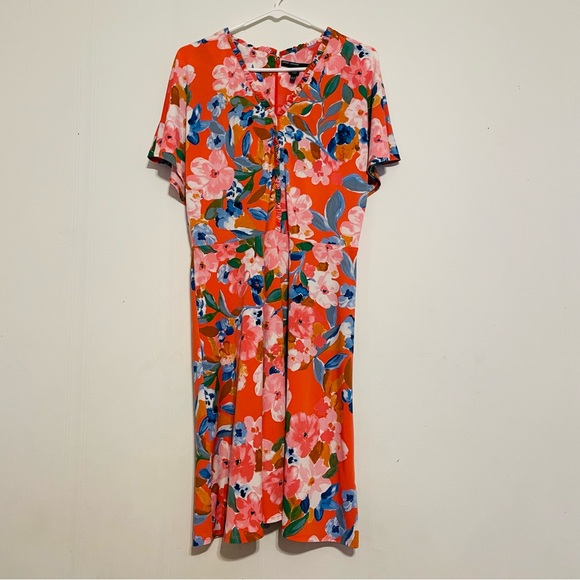 Maggy London Orange Short Sleeve Floral Print Midi Dress - Picture 1 of 9